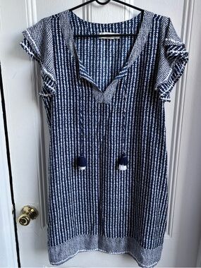 Vineyard Vines blue and white Dot Tunic dress XL rayon silk embroidered detail